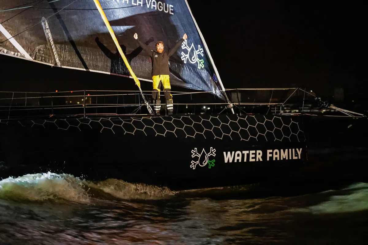 LES SABLES D'OLONNE, FRANCE - JANUARY 27, 2025 : GUYOT Environnement - Water Family skipper Benjamin Dutreux (FRA)) is celebrating after taking 10th place in the Vendee Globe, on January 27, 2025 in La Rochelle, France - (Photo by Anne Beauge / Alea)