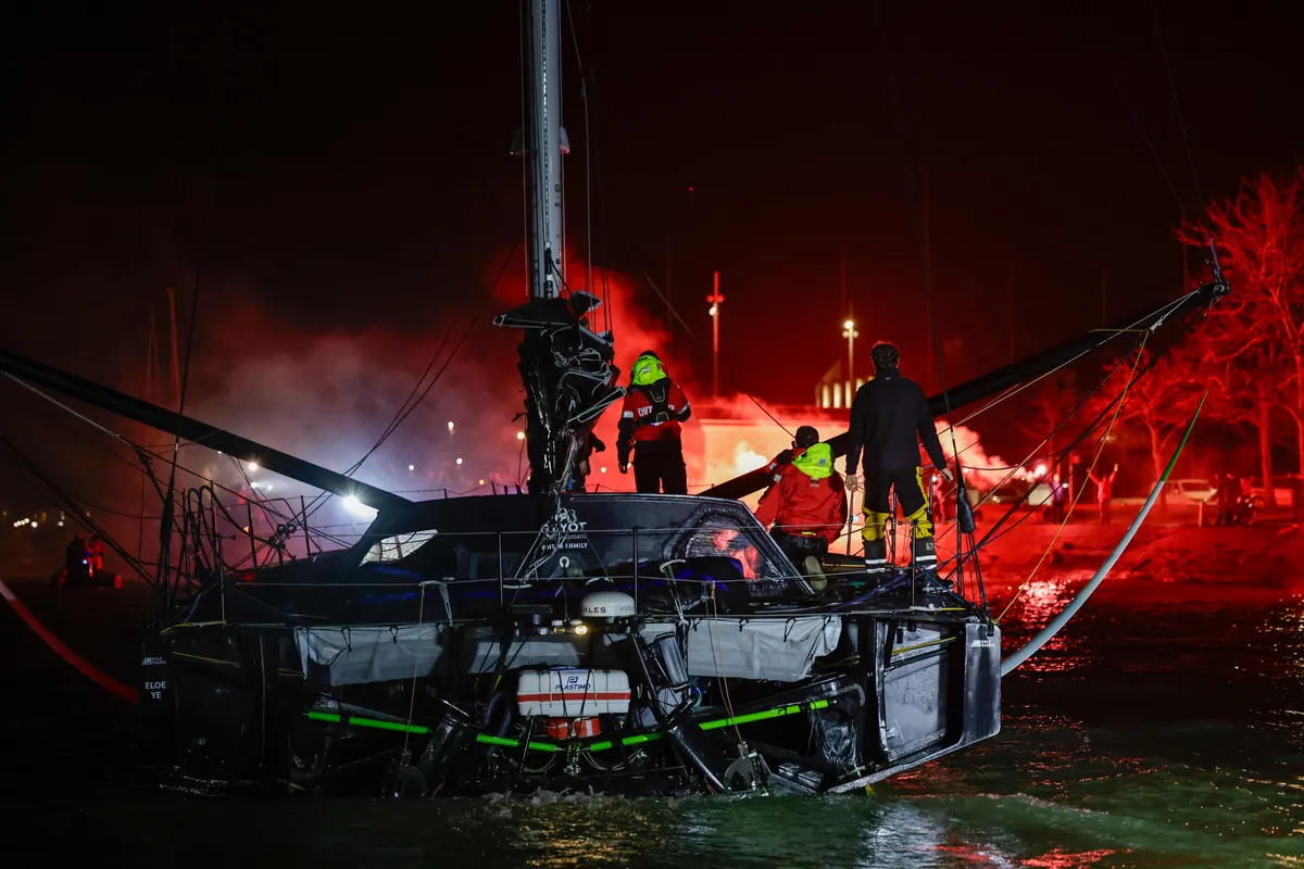 LES SABLES D'OLONNE, FRANCE - JANUARY 27, 2025 : GUYOT Environnement - Water Family skipper Benjamin Dutreux (FRA)) is photographed after taking 10th place in the Vendee Globe, on January 27, 2025 in La Rochelle, France - (Photo by Anne Beauge / Alea)
