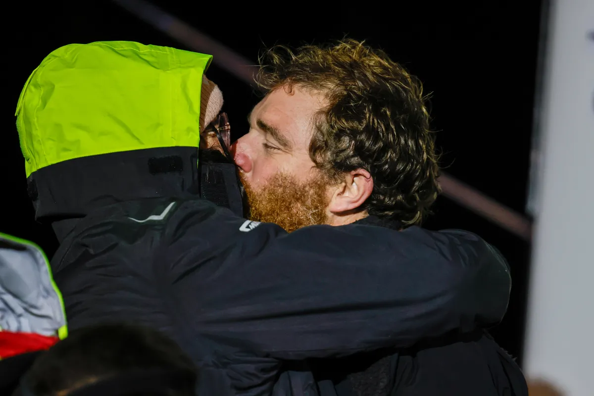 LES SABLES D'OLONNE, FRANCE - JANUARY 27, 2025 : GUYOT Environnement - Water Family skipper Benjamin Dutreux (FRA)) is congratulated by family after taking 10th place in the Vendee Globe, on January 27, 2025 in La Rochelle, France - (Photo by Anne Beauge / Alea)