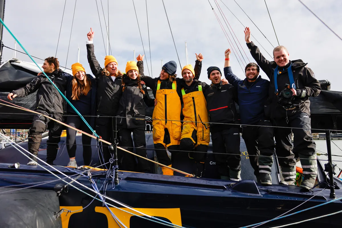 LA ROCHELLE, FRANCE - JANUARY 27, 2025 : L’Occitane en Provence skipper Clarisse Crémer (FRA) is celebrating with her team after taking 11th place in the Vendee Globe, on January 27, 2025 in La Rochelle, France - (Photo by Anne Beauge / Alea)