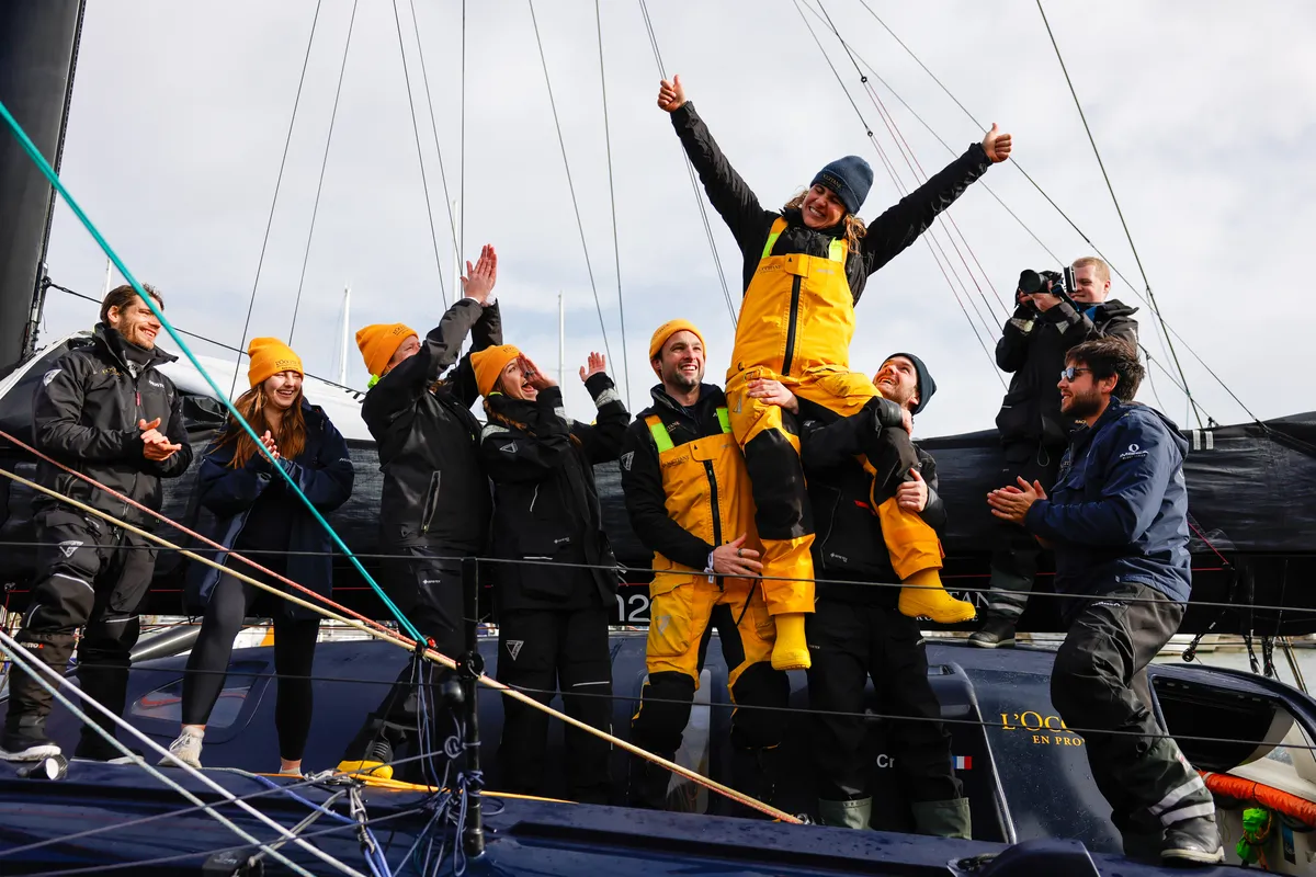 LA ROCHELLE, FRANCE - JANUARY 27, 2025 : L’Occitane en Provence skipper Clarisse Crémer (FRA) is celebrating with her team after taking 11th place in the Vendee Globe, on January 27, 2025 in La Rochelle, France - (Photo by Anne Beauge / Alea)