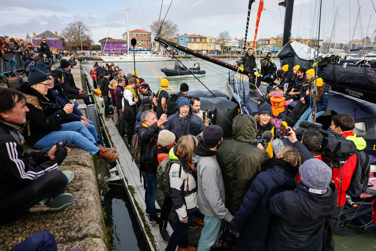 LA ROCHELLE, FRANCE - JANUARY 27, 2025 : L’Occitane en Provence skipper Clarisse Crémer (FRA) is being interviewed by media after taking 11th place in the Vendee Globe, on January 27, 2025 in La Rochelle, France - (Photo by Anne Beauge / Alea)
