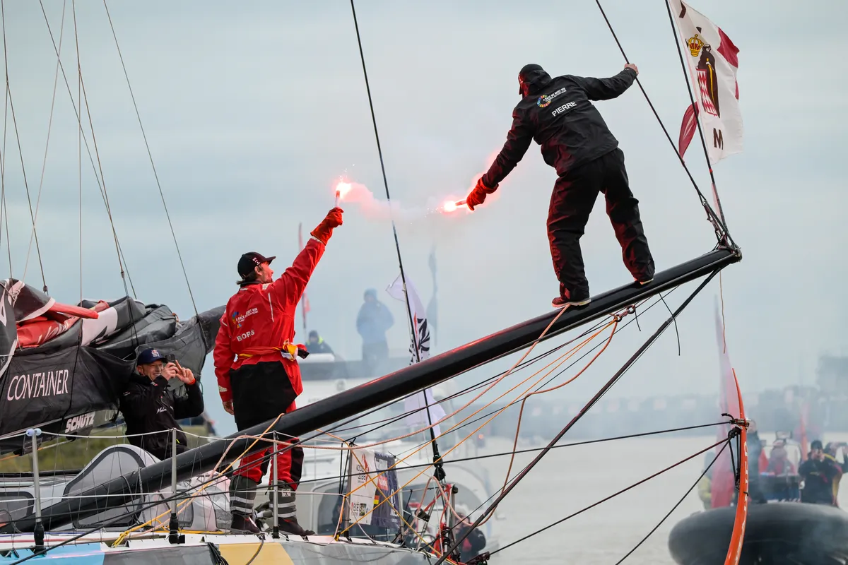 LES SABLES D'OLONNE, FRANCE - JANUARY 30, 2025 : Malizia - Seaexplorer skipper Boris Herrmann (GER) is celebrating with Pierre Casiraghi after taking 12th place in the Vendee Globe, on January 30, 2025 in Les Sables d'Olonne, France - (Photo by Olivier Blanchet / Alea)