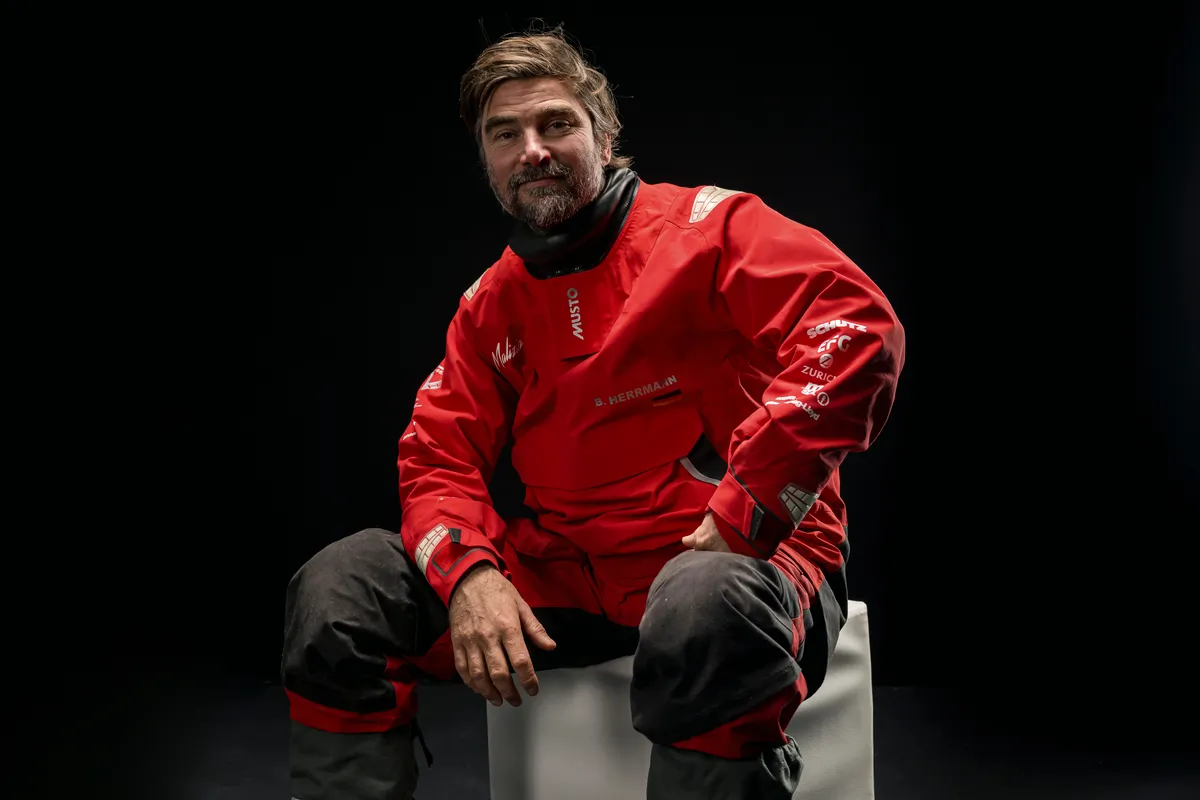 LES SABLES D'OLONNE, FRANCE - JANUARY 30, 2025 : Malizia - Seaexplorer skipper Boris Herrmann (GER) is photographed in studio with a German flag after taking 12th place in the Vendee Globe, on January 30, 2025 in Les Sables d'Olonne, France - (Photo by Olivier Blanchet / Alea)
