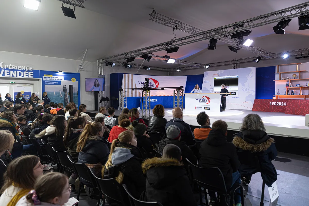 LES SABLES D'OLONNE, FRANCE - JANUARY 31, 2025: Groupe Dubreuil skipper Sébastien Simon is attending the Vendee Globe Junior webinar, with 80.000 pupils connected from different schools in France have been following the sailing race, on January 31, 2025 in Les Sables d'Olonne, France - (Photo by Lloyd images / Alea)