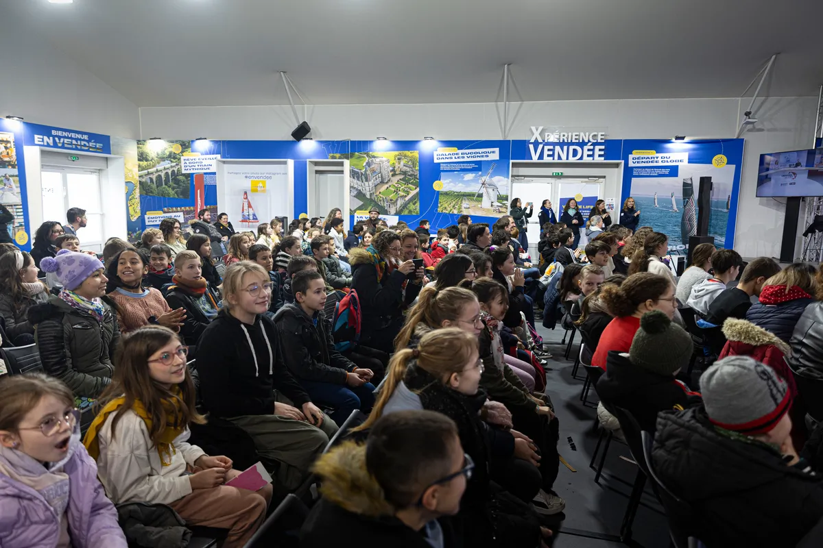 LES SABLES D'OLONNE, FRANCE - JANUARY 31, 2025: Groupe Dubreuil skipper Sébastien Simon is attending the Vendee Globe Junior webinar, with 80.000 pupils connected from different schools in France have been following the sailing race, on January 31, 2025 in Les Sables d'Olonne, France - (Photo by Lloyd images / Alea)