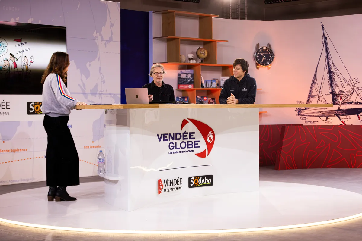 LES SABLES D'OLONNE, FRANCE - JANUARY 31, 2025: Groupe Dubreuil skipper Sébastien Simon is attending the Vendee Globe Junior webinar, with 80.000 pupils connected from different schools in France have been following the sailing race, on January 31, 2025 in Les Sables d'Olonne, France - (Photo by Lloyd images / Alea)