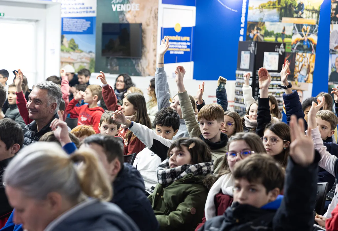 LES SABLES D'OLONNE, FRANCE - JANUARY 31, 2025: Groupe Dubreuil skipper Sébastien Simon is attending the Vendee Globe Junior webinar, with 80.000 pupils connected from different schools in France have been following the sailing race, on January 31, 2025 in Les Sables d'Olonne, France - (Photo by Lloyd images / Alea)