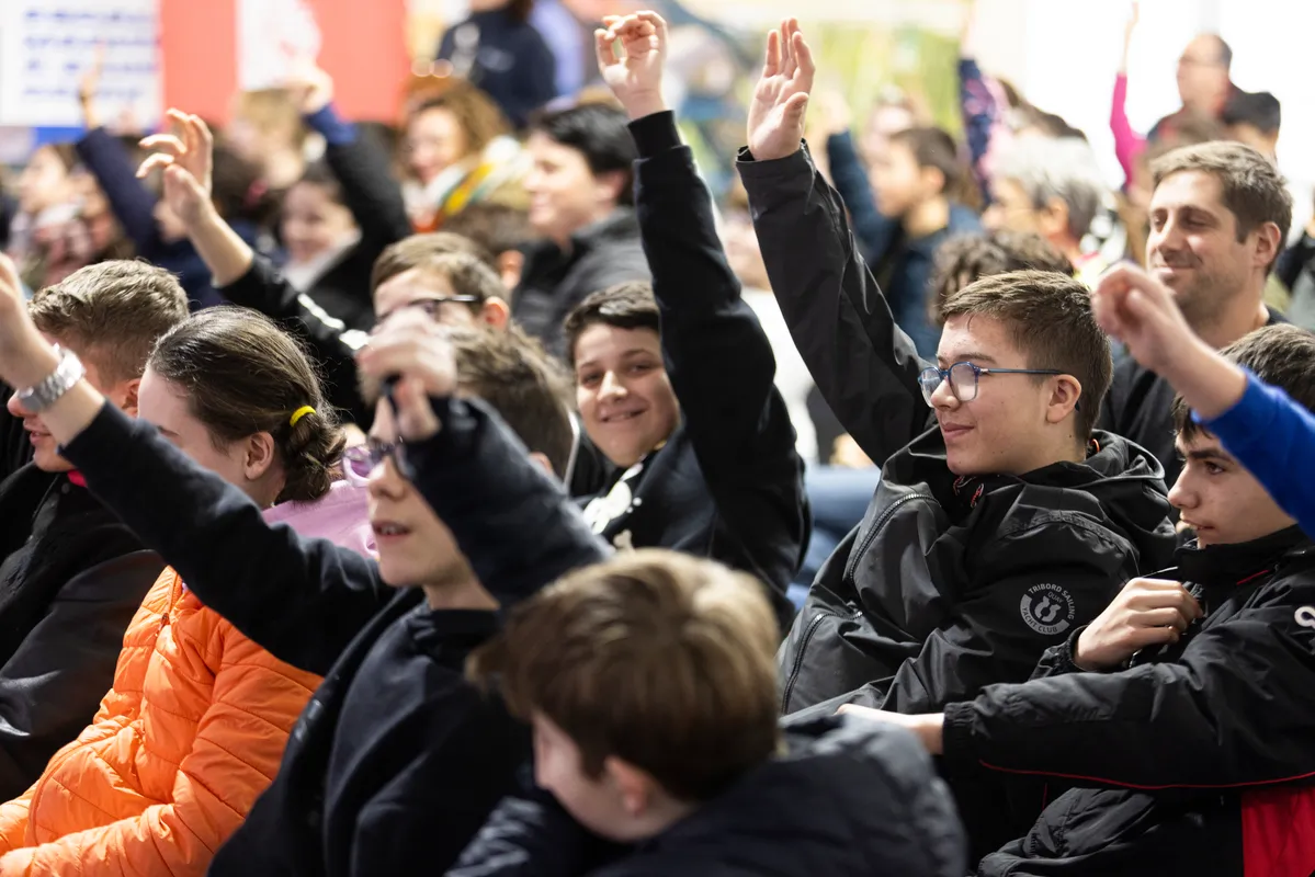LES SABLES D'OLONNE, FRANCE - JANUARY 31, 2025: Groupe Dubreuil skipper Sébastien Simon is attending the Vendee Globe Junior webinar, with 80.000 pupils connected from different schools in France have been following the sailing race, on January 31, 2025 in Les Sables d'Olonne, France - (Photo by Lloyd images / Alea)