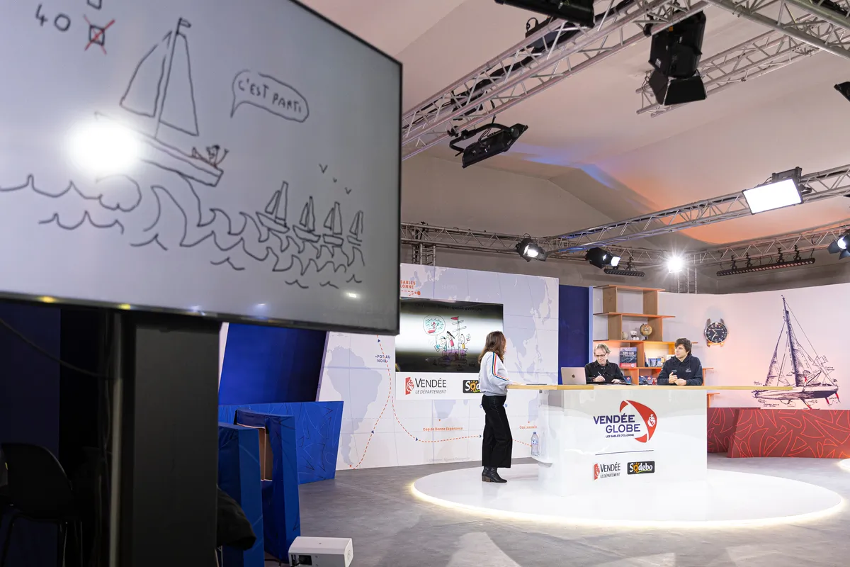 LES SABLES D'OLONNE, FRANCE - JANUARY 31, 2025: Groupe Dubreuil skipper Sébastien Simon is attending the Vendee Globe Junior webinar, with 80.000 pupils connected from different schools in France have been following the sailing race, on January 31, 2025 in Les Sables d'Olonne, France - (Photo by Lloyd images / Alea)