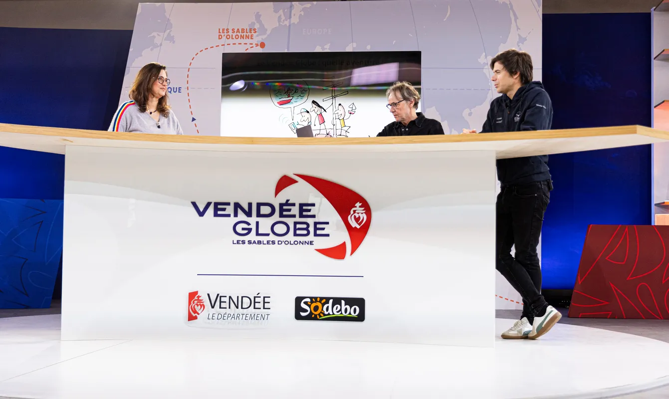 LES SABLES D'OLONNE, FRANCE - JANUARY 31, 2025: Groupe Dubreuil skipper Sébastien Simon is attending the Vendee Globe Junior webinar, with 80.000 pupils connected from different schools in France have been following the sailing race, on January 31, 2025 in Les Sables d'Olonne, France - (Photo by Lloyd images / Alea)