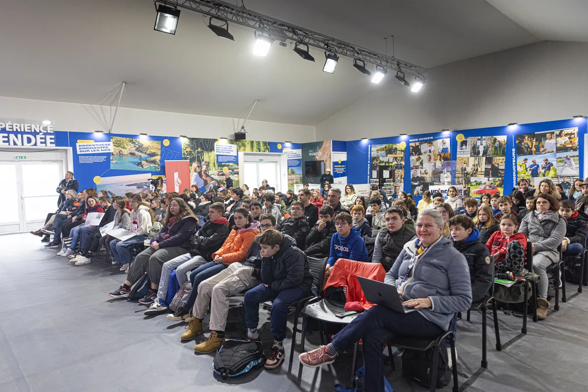 LES SABLES D'OLONNE, FRANCE - JANUARY 31, 2025: Groupe Dubreuil skipper Sébastien Simon is attending the Vendee Globe Junior webinar, with 80.000 pupils connected from different schools in France have been following the sailing race, on January 31, 2025 in Les Sables d'Olonne, France - (Photo by Lloyd images / Alea)
