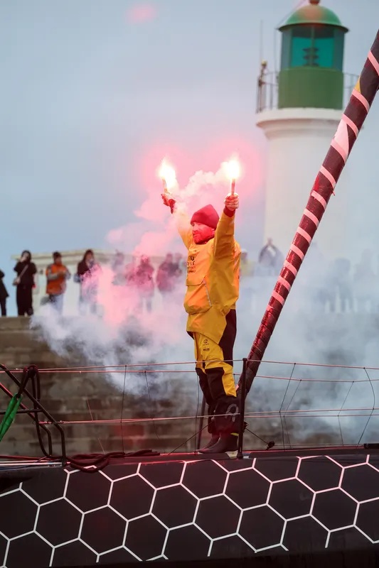 LES SABLES D'OLONNE, FRANCE - JANUARY 31, 2025 : GUYOT Environnement - Water Family skipper Benjamin Dutreux (FRA)) is celebrating in the channel after taking 10th place in the Vendee Globe, on January 31, 2025 in Les Sables d'Olonne, France - (Photo by Lloyd Images / Alea)