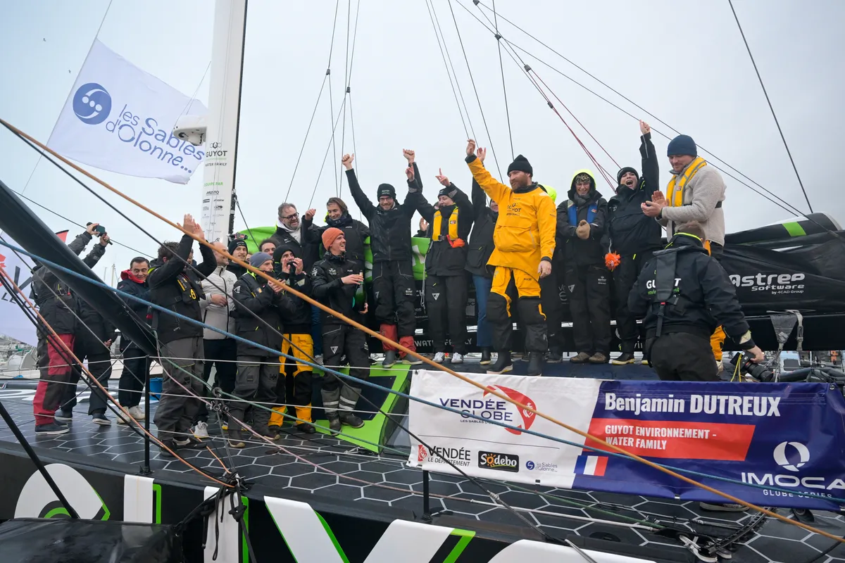 LES SABLES D'OLONNE, FRANCE - JANUARY 31, 2025 : GUYOT Environnement - Water Family skipper Benjamin Dutreux (FRA)) is celebrating at pontoon after taking 10th place in the Vendee Globe, on January 31, 2025 in Les Sables d'Olonne, France - (Photo by Olivier Blanchet / Alea)