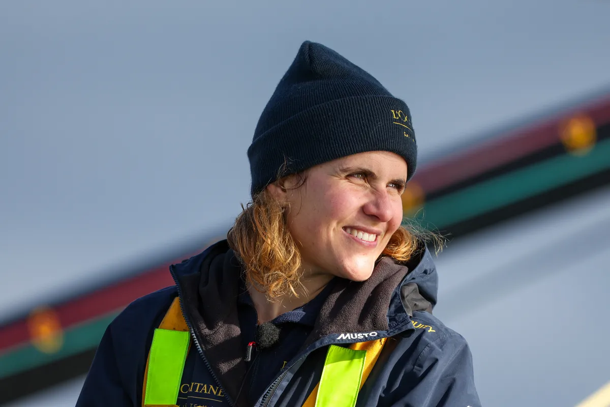 LES SABLES D’OLONNE, FRANCE - FEBRUARY 01, 2025 : L’Occitane en Provence skipper Clarisse Crémer (FRA) is celebrating after taking 11th place in the Vendee Globe, on January 27, 2025 in Les Sables d'Olonne, France - (Photo by Lloyd Images / Alea)