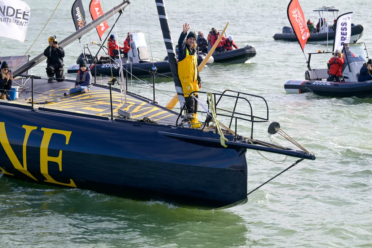 LES SABLES D’OLONNE, FRANCE - FEBRUARY 01, 2025 : L’Occitane en Provence skipper Clarisse Crémer (FRA) is celebrating after taking 11th place in the Vendee Globe, on January 27, 2025 in Les Sables d'Olonne, France - (Photo by Olivier Blanchet / Alea)