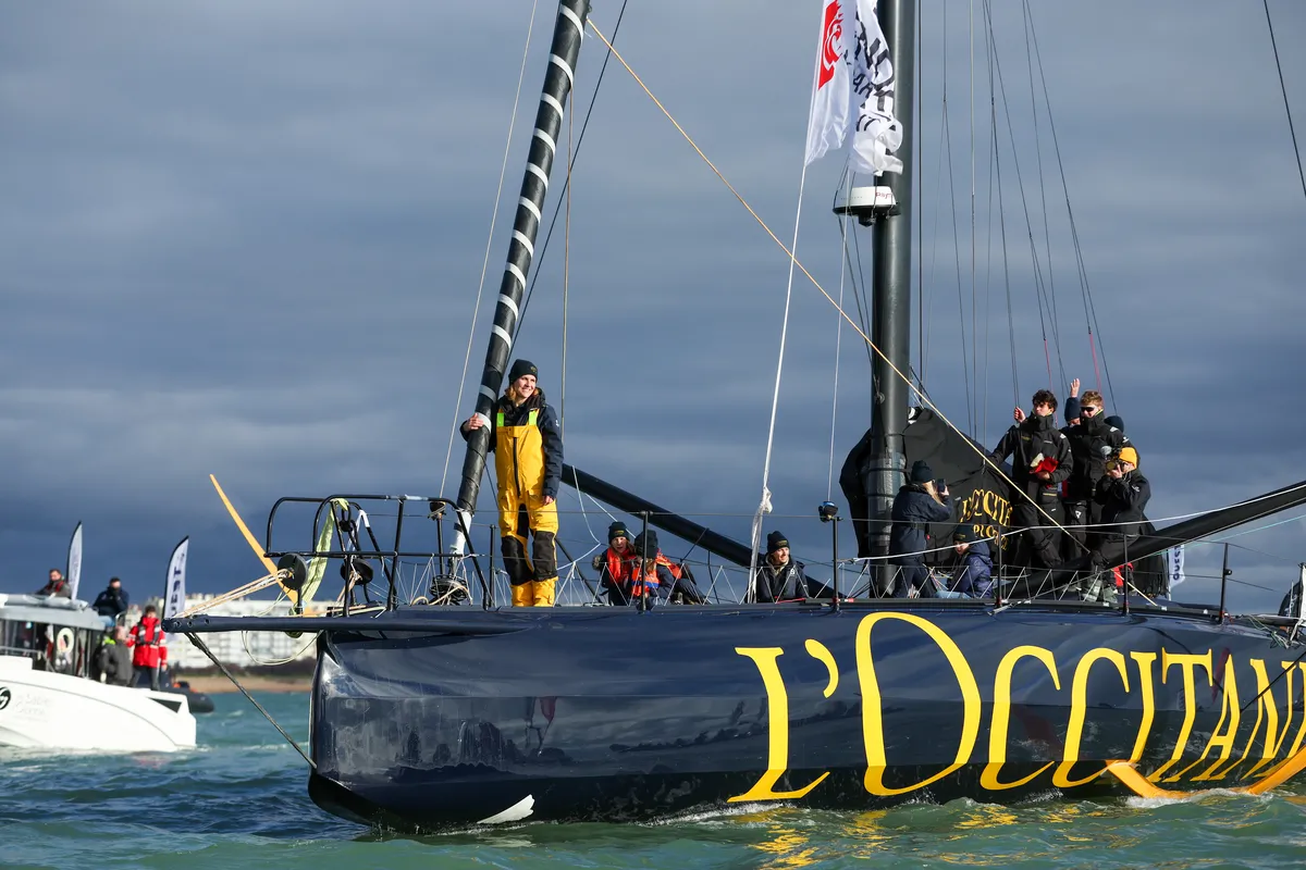 LES SABLES D’OLONNE, FRANCE - FEBRUARY 01, 2025 : L’Occitane en Provence skipper Clarisse Crémer (FRA) is celebrating after taking 11th place in the Vendee Globe, on January 27, 2025 in Les Sables d'Olonne, France - (Photo by Lloyd Images / Alea)