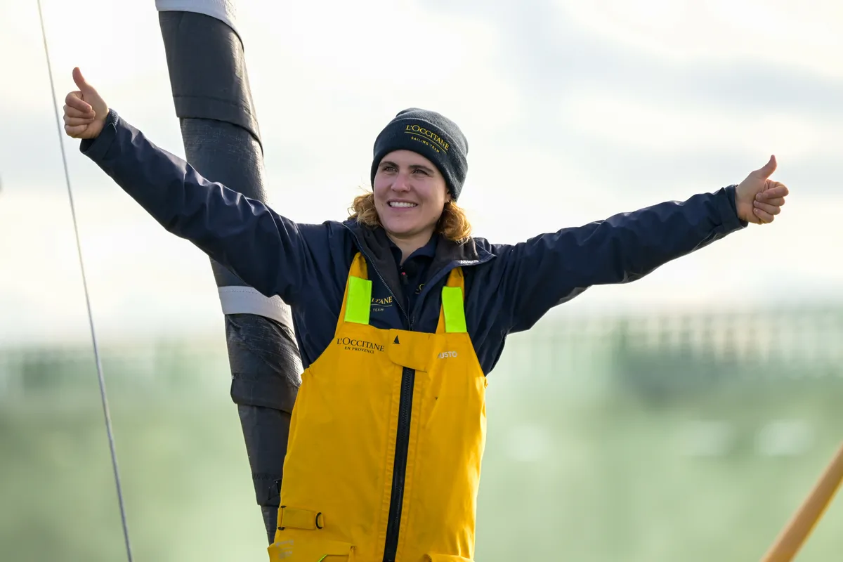 LES SABLES D’OLONNE, FRANCE - FEBRUARY 01, 2025 : L’Occitane en Provence skipper Clarisse Crémer (FRA) is celebrating after taking 11th place in the Vendee Globe, on January 27, 2025 in Les Sables d'Olonne, France - (Photo by Olivier Blanchet / Alea)