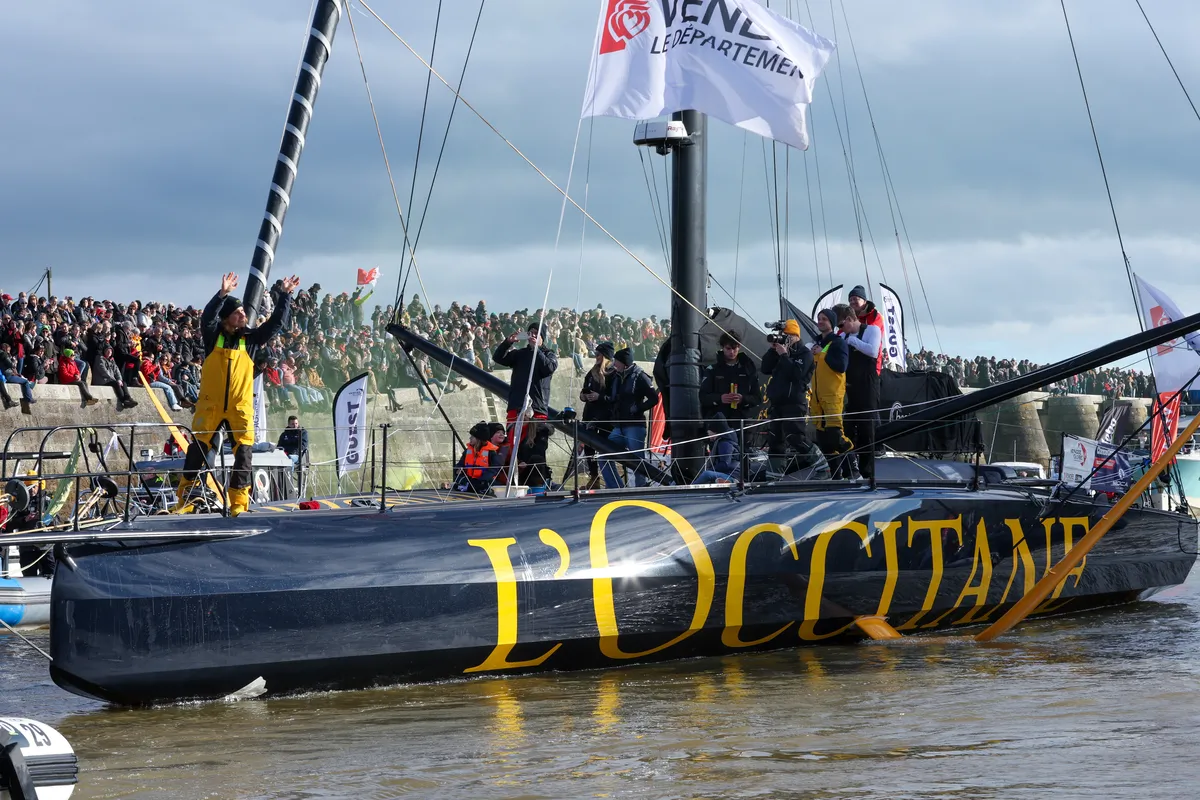 LES SABLES D’OLONNE, FRANCE - FEBRUARY 01, 2025 : L’Occitane en Provence skipper Clarisse Crémer (FRA) is celebrating after taking 11th place in the Vendee Globe, on January 27, 2025 in Les Sables d'Olonne, France - (Photo by Lloyd Images / Alea)