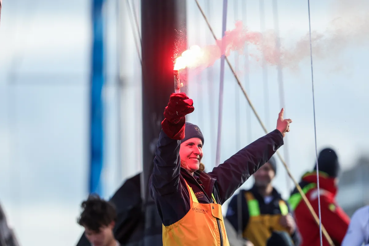 LES SABLES D’OLONNE, FRANCE - FEBRUARY 01, 2025 : L’Occitane en Provence skipper Clarisse Crémer (FRA) is celebrating after taking 11th place in the Vendee Globe, on February 01, 2025 in Les Sables d'Olonne, France - (Photo by Lloyd Images / Alea)