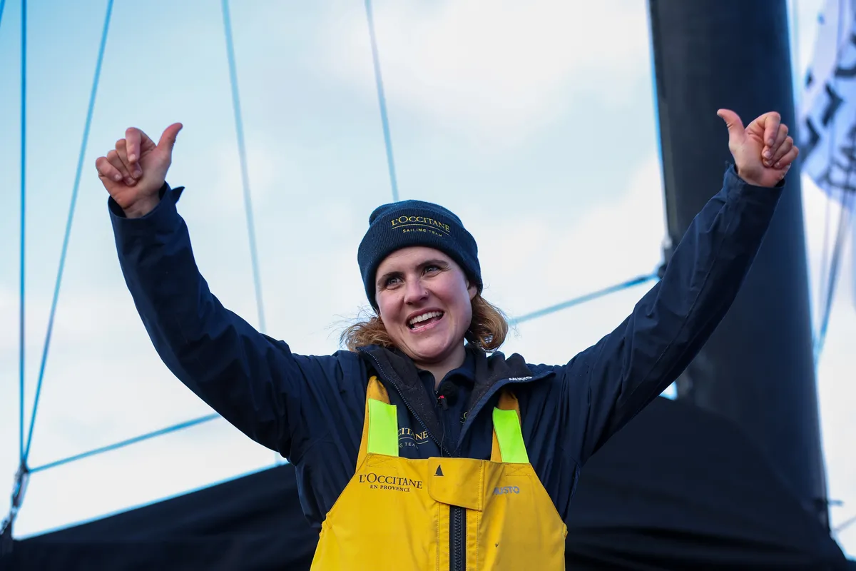 LES SABLES D’OLONNE, FRANCE - FEBRUARY 01, 2025 : L’Occitane en Provence skipper Clarisse Crémer (FRA) is celebrating after taking 11th place in the Vendee Globe, on February 01, 2025 in Les Sables d'Olonne, France - (Photo by Lloyd Images / Alea)