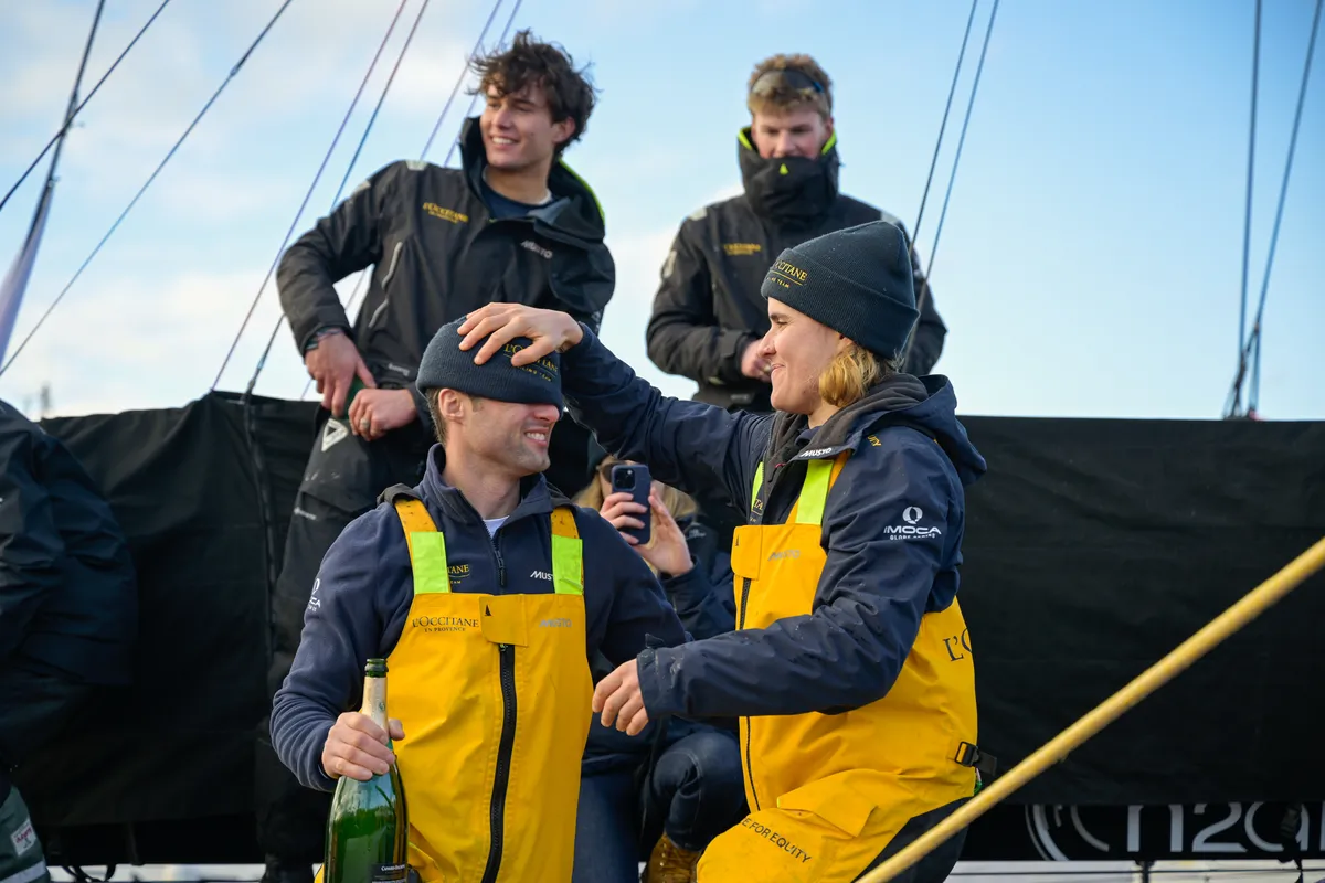 LES SABLES D’OLONNE, FRANCE - FEBRUARY 01, 2025 : L’Occitane en Provence skipper Clarisse Crémer (FRA) is celebrating after taking 11th place in the Vendee Globe, on February 01, 2025 in Les Sables d'Olonne, France - (Photo by Olivier Blanchet / Alea)