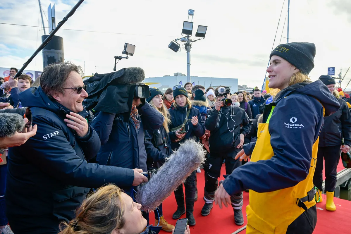 LES SABLES D’OLONNE, FRANCE - FEBRUARY 01, 2025 : L’Occitane en Provence skipper Clarisse Crémer (FRA) is celebrating after taking 11th place in the Vendee Globe, on February 01, 2025 in Les Sables d'Olonne, France - (Photo by Olivier Blanchet / Alea)