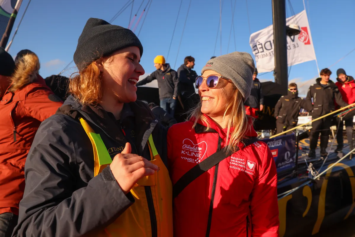 LES SABLES D’OLONNE, FRANCE - FEBRUARY 01, 2025 : L’Occitane en Provence skipper Clarisse Crémer (FRA) is congratulated by Initiatives-Coeur skipper Sam Davies (GBR) after taking 11th place in the Vendee Globe, on February 01, 2025 in Les Sables d'Olonne, France - (Photo by Lloyd Images / Alea)