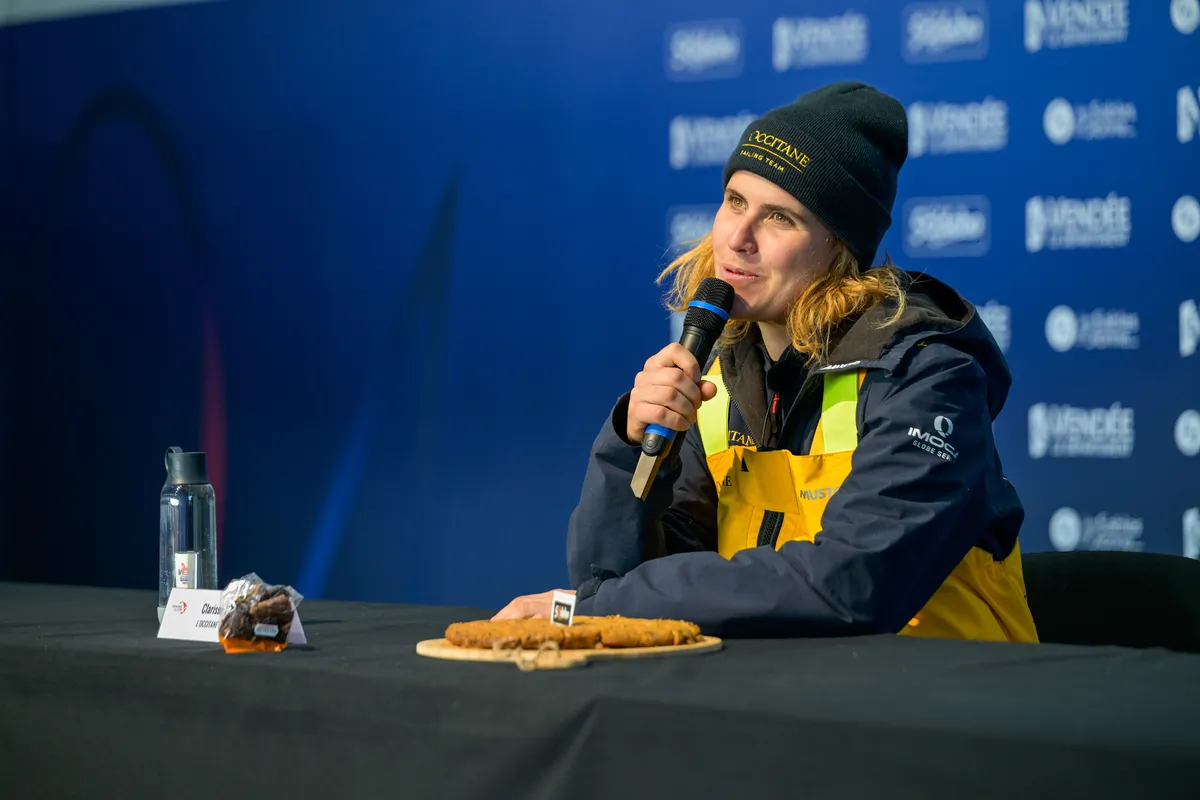 LES SABLES D’OLONNE, FRANCE - FEBRUARY 01, 2025 : L’Occitane en Provence skipper Clarisse Crémer (FRA) is photographed during her press conference after taking 11th place in the Vendee Globe, on February 01, 2025 in Les Sables d'Olonne, France - (Photo by Olivier Blanchet / Alea)