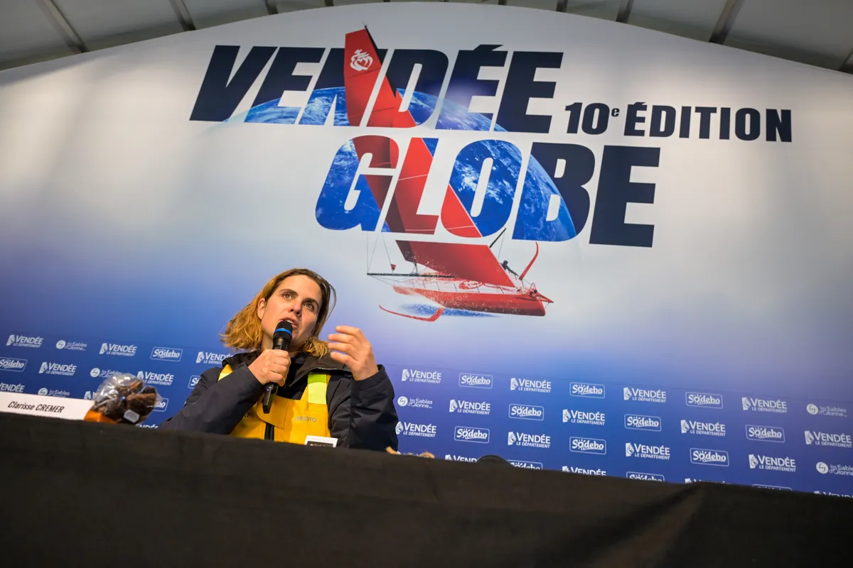 LES SABLES D’OLONNE, FRANCE - FEBRUARY 01, 2025 : L’Occitane en Provence skipper Clarisse Crémer (FRA) is photographed during her press conference after taking 11th place in the Vendee Globe, on February 01, 2025 in Les Sables d'Olonne, France - (Photo by Olivier Blanchet / Alea)