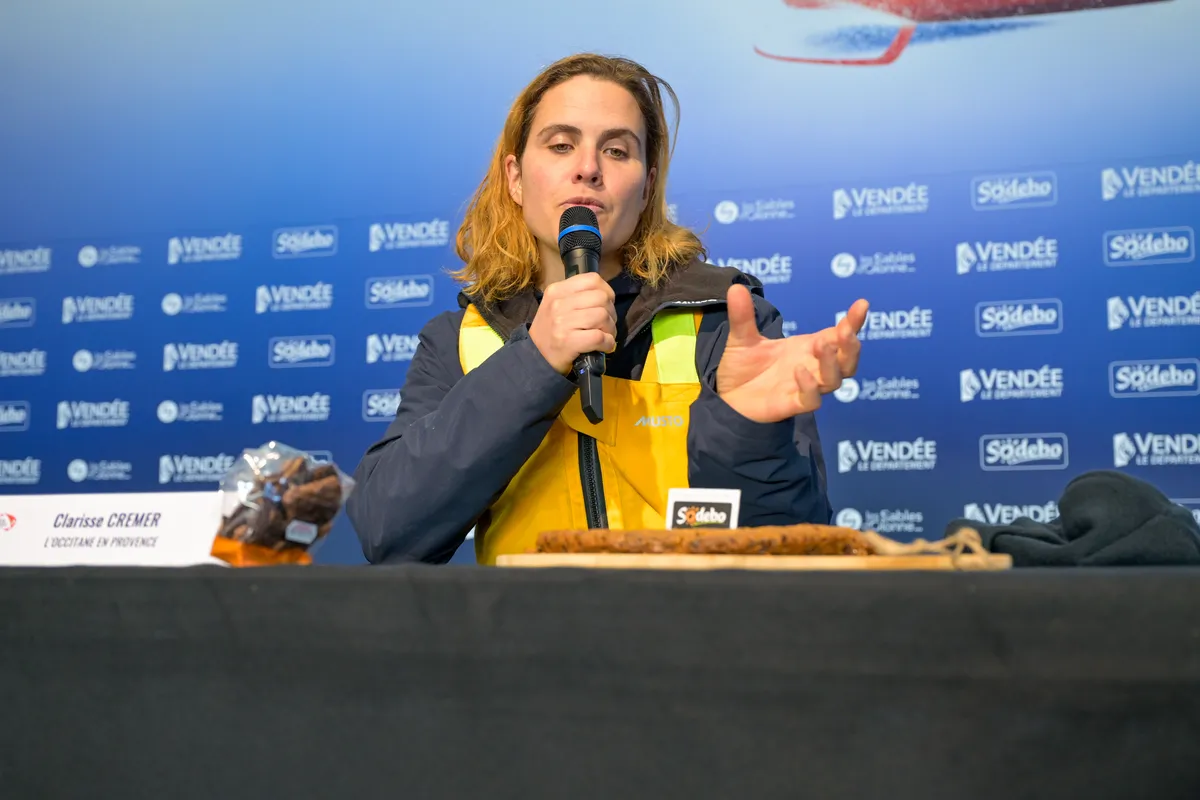 LES SABLES D’OLONNE, FRANCE - FEBRUARY 01, 2025 : L’Occitane en Provence skipper Clarisse Crémer (FRA) is photographed during her press conference after taking 11th place in the Vendee Globe, on February 01, 2025 in Les Sables d'Olonne, France - (Photo by Olivier Blanchet / Alea)