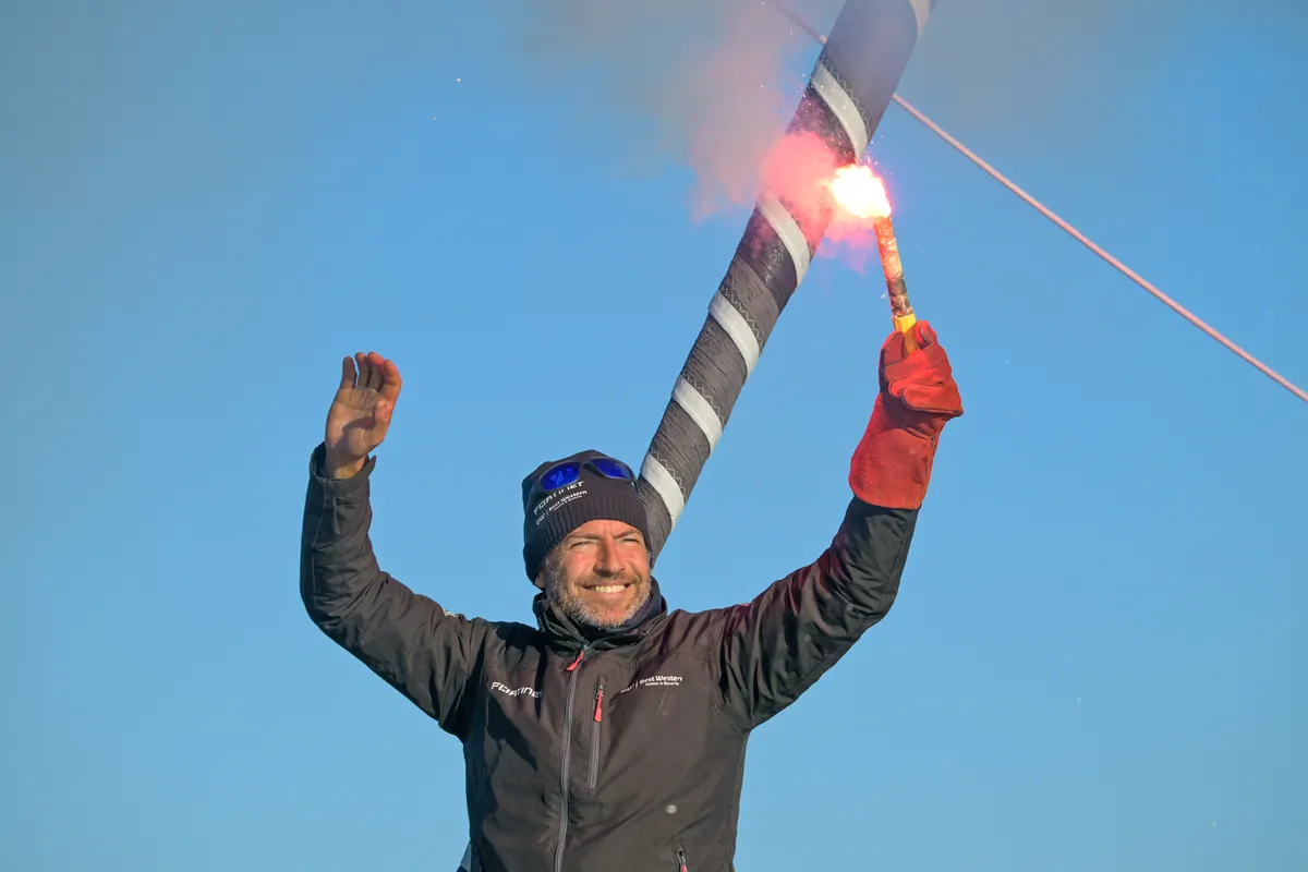 LES SABLES D’OLONNE, FRANCE - FEBRUARY 02, 2025 : Fortinet - Best Western skipper Romain Attanasio (FRA) is photographed after taking 14th place in the Vendee Globe, on February 02, 2025 in Les Sables d'Olonne, France - (Photo by Olivier Blanchet / Alea)