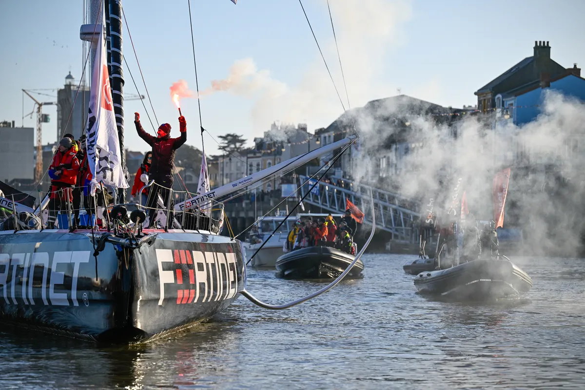 LES SABLES D’OLONNE, FRANCE - FEBRUARY 02, 2025 : Fortinet - Best Western skipper Romain Attanasio (FRA) is celebrating after taking 14th place in the Vendee Globe, on February 02, 2025 in Les Sables d'Olonne, France - (Photo by Jean-Louis Carli / Alea)