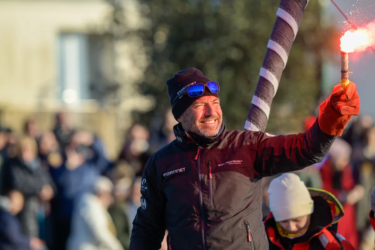 LES SABLES D’OLONNE, FRANCE - FEBRUARY 02, 2025 : Fortinet - Best Western skipper Romain Attanasio (FRA) is celebrating after taking 14th place in the Vendee Globe, on February 02, 2025 in Les Sables d'Olonne, France - (Photo by Olivier Blanchet / Alea)