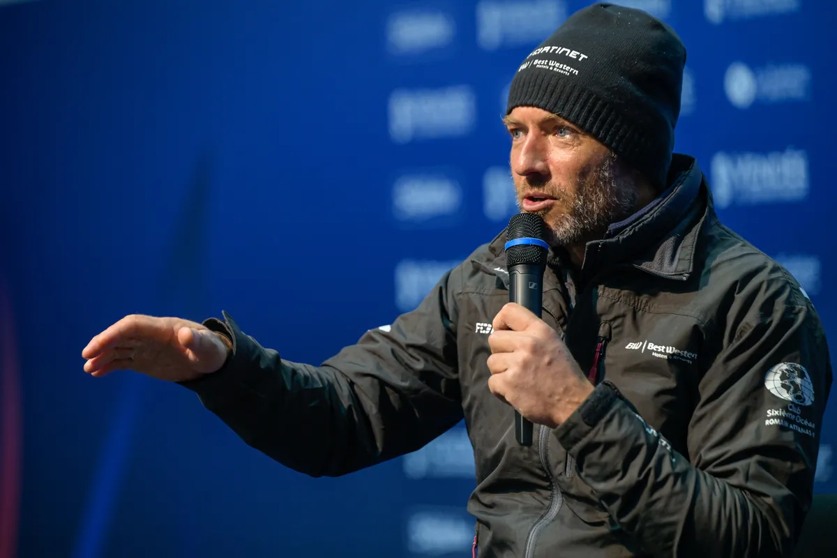 LES SABLES D’OLONNE, FRANCE - FEBRUARY 02, 2025 : Fortinet - Best Western skipper Romain Attanasio (FRA) is photographed during his press conference after taking 14th place in the Vendee Globe, on February 02, 2025 in Les Sables d'Olonne, France - (Photo by Olivier Blanchet / Alea)