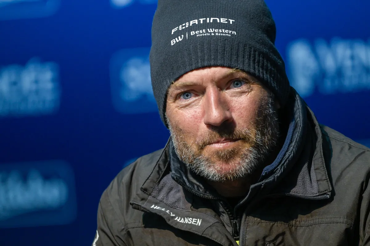 LES SABLES D’OLONNE, FRANCE - FEBRUARY 02, 2025 : Fortinet - Best Western skipper Romain Attanasio (FRA) is photographed during his press conference after taking 14th place in the Vendee Globe, on February 02, 2025 in Les Sables d'Olonne, France - (Photo by Olivier Blanchet / Alea)