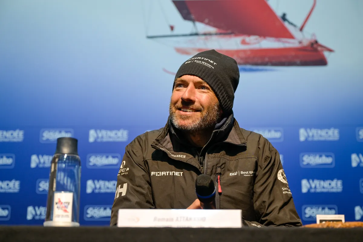 LES SABLES D’OLONNE, FRANCE - FEBRUARY 02, 2025 : Fortinet - Best Western skipper Romain Attanasio (FRA) is photographed during his press conference after taking 14th place in the Vendee Globe, on February 02, 2025 in Les Sables d'Olonne, France - (Photo by Olivier Blanchet / Alea)