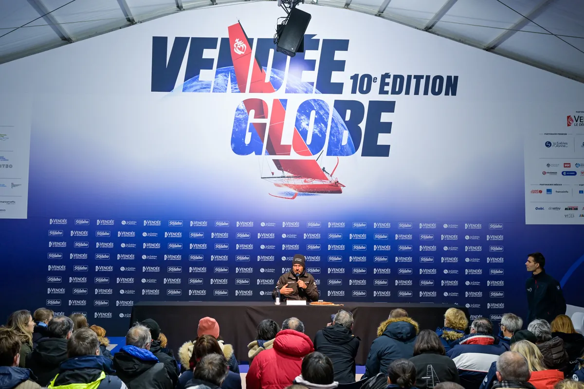 LES SABLES D’OLONNE, FRANCE - FEBRUARY 02, 2025 : Fortinet - Best Western skipper Romain Attanasio (FRA) is photographed during his press conference after taking 14th place in the Vendee Globe, on February 02, 2025 in Les Sables d'Olonne, France - (Photo by Olivier Blanchet / Alea)