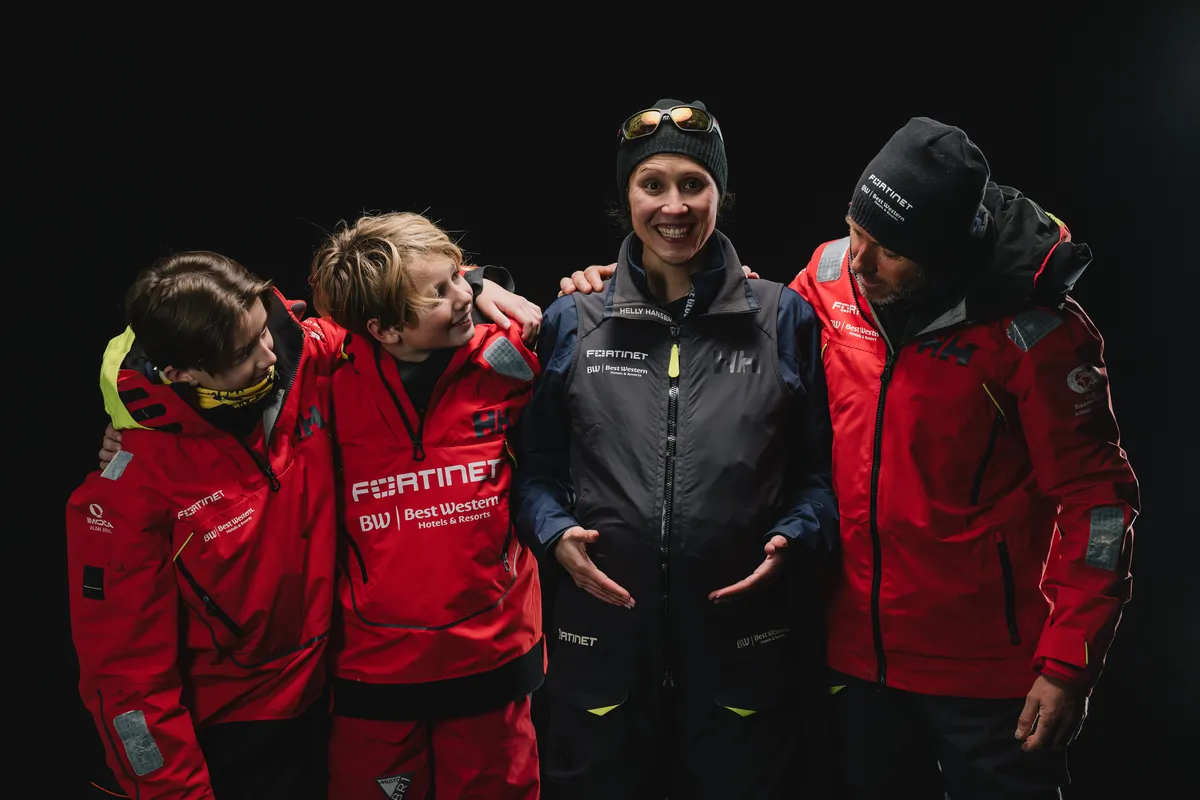 LES SABLES D'OLONNE, FRANCE - FEBRUARY 02, 2025 : Fortinet - Best Western skipper Romain Attanasio (FRA) is photographed in studio with his family after taking 14th place in the Vendee Globe, on February 02, 2025 in Les Sables d'Olonne, France - (Photo by Jean-Louis Carli / Alea)
