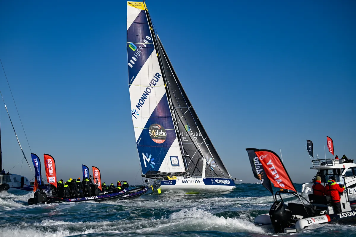 LES SABLES D’OLONNE, FRANCE - FEBRUARY 03, 2025 : Monnoyeur - DUO for a JOB skipper Benjamin Ferré (FRA) is photographed after taking 16th place in the Vendee Globe, on February 03, 2025 in Les Sables d'Olonne, France - (Photo by Jean-Louis Carli / Alea)