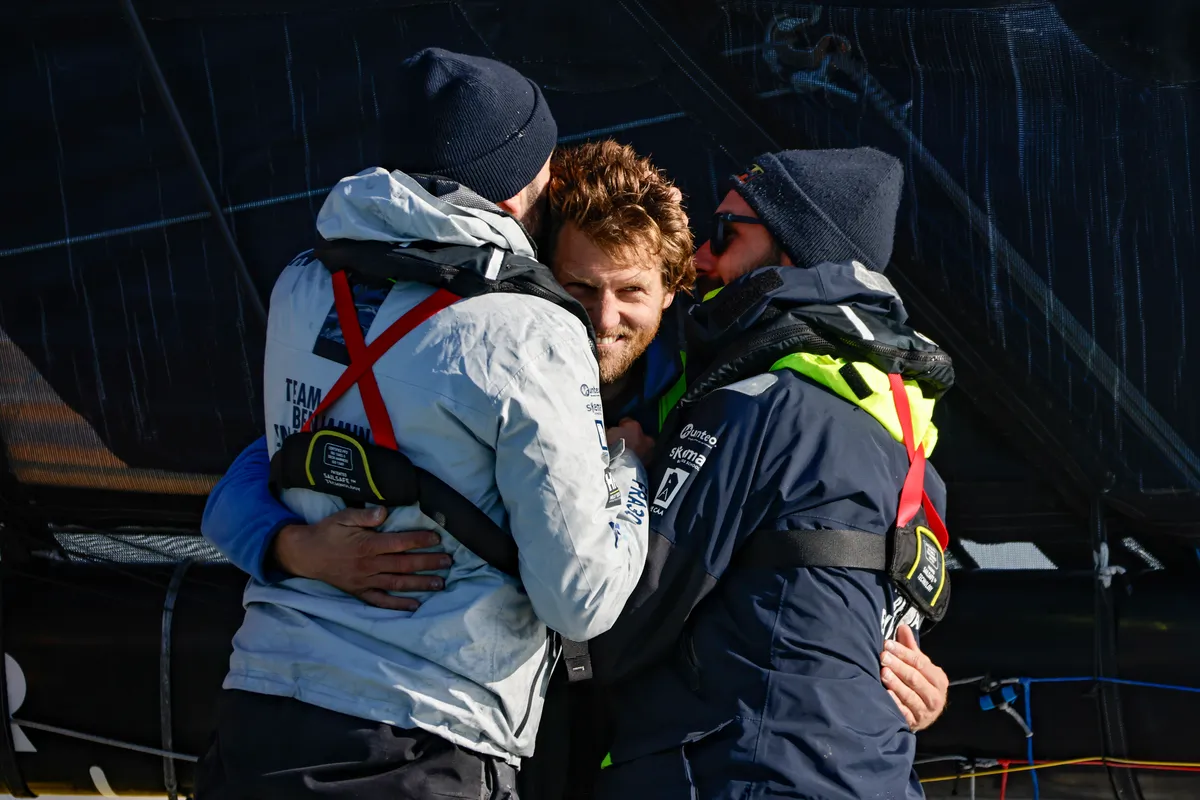 LES SABLES D’OLONNE, FRANCE - FEBRUARY 03, 2025 : Monnoyeur - DUO for a JOB skipper Benjamin Ferré (FRA) is photographed after taking 16th place in the Vendee Globe, on February 03, 2025 in Les Sables d'Olonne, France - (Photo by Anne Beauge / Alea)