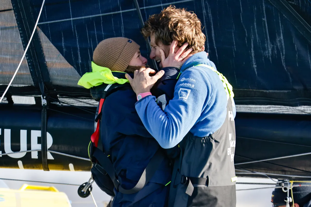 LES SABLES D’OLONNE, FRANCE - FEBRUARY 03, 2025 : Monnoyeur - DUO for a JOB skipper Benjamin Ferré (FRA) is photographed after taking 16th place in the Vendee Globe, on February 03, 2025 in Les Sables d'Olonne, France - (Photo by Anne Beauge / Alea)