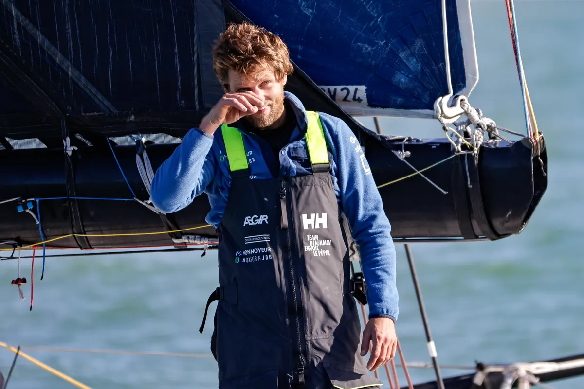 LES SABLES D’OLONNE, FRANCE - FEBRUARY 03, 2025 : Monnoyeur - DUO for a JOB skipper Benjamin Ferré (FRA) is photographed after taking 16th place in the Vendee Globe, on February 03, 2025 in Les Sables d'Olonne, France - (Photo by Anne Beauge / Alea)