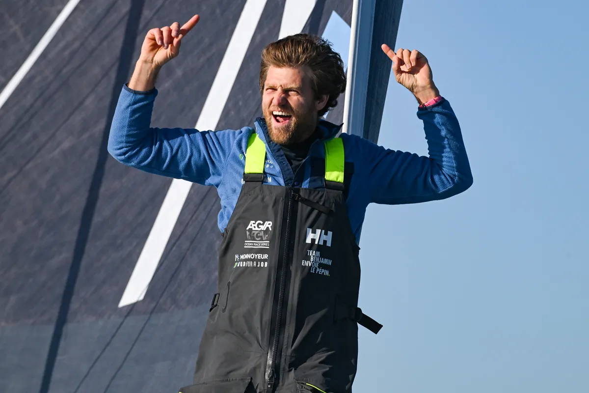 LES SABLES D’OLONNE, FRANCE - FEBRUARY 03, 2025 : Monnoyeur - DUO for a JOB skipper Benjamin Ferré (FRA) is photographed after taking 16th place in the Vendee Globe, on February 03, 2025 in Les Sables d'Olonne, France - (Photo by Vincent Curutchet / Alea)