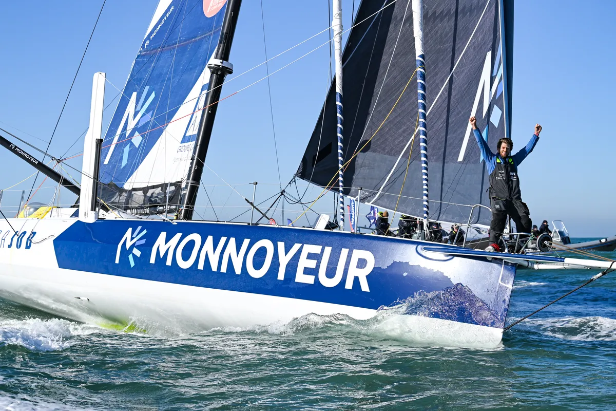 LES SABLES D’OLONNE, FRANCE - FEBRUARY 03, 2025 : Monnoyeur - DUO for a JOB skipper Benjamin Ferré (FRA) is photographed after taking 16th place in the Vendee Globe, on February 03, 2025 in Les Sables d'Olonne, France - (Photo by Vincent Curutchet / Alea)