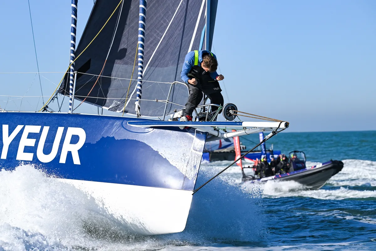 LES SABLES D’OLONNE, FRANCE - FEBRUARY 03, 2025 : Monnoyeur - DUO for a JOB skipper Benjamin Ferré (FRA) is photographed after taking 16th place in the Vendee Globe, on February 03, 2025 in Les Sables d'Olonne, France - (Photo by Vincent Curutchet / Alea)