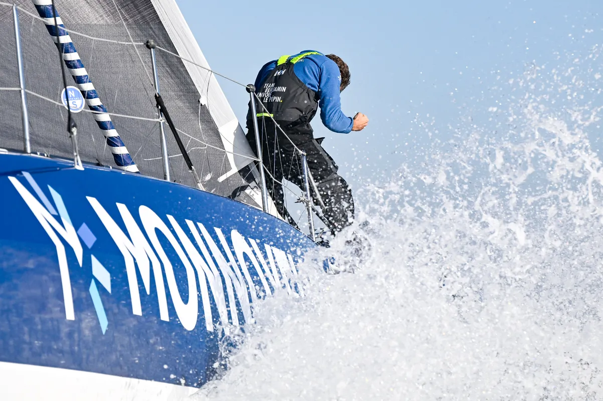 LES SABLES D’OLONNE, FRANCE - FEBRUARY 03, 2025 : Monnoyeur - DUO for a JOB skipper Benjamin Ferré (FRA) is photographed after taking 16th place in the Vendee Globe, on February 03, 2025 in Les Sables d'Olonne, France - (Photo by Jean-Louis Carli / Alea)