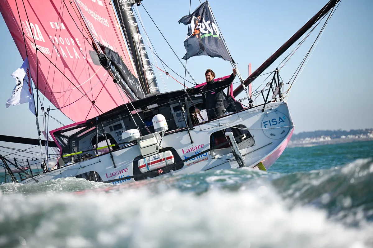 LES SABLES D'OLONNE, FRANCE - 03 FEVRIER 2025 : Tanguy Le Turquais (FRA), skipper de Lazare, est photographié après avoir pris la 17e place du Vendée Globe, le 03 février 2025 aux Sables d'Olonne, France - (Photo by Jean-Louis Carli / Alea)