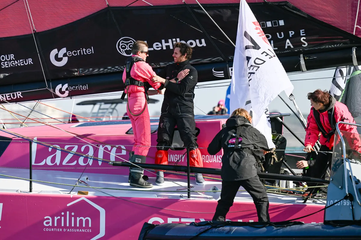 LES SABLES D'OLONNE, FRANCE - 03 FEVRIER 2025 : Tanguy Le Turquais (FRA), skipper de Lazare, est photographié après avoir pris la 17ème place du Vendée Globe, le 03 février 2025 aux Sables d'Olonne, France - (Photo by Jean-Louis Carli / Alea)