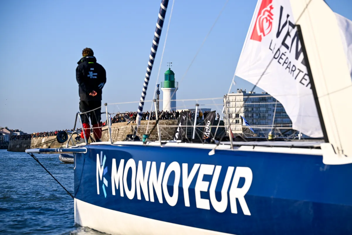 LES SABLES D’OLONNE, FRANCE - FEBRUARY 03, 2025 : Monnoyeur - DUO for a JOB skipper Benjamin Ferré (FRA) is photographed in the channel after taking 16th place in the Vendee Globe, on February 03, 2025 in Les Sables d'Olonne, France - (Photo by Jean-Louis Carli / Alea)